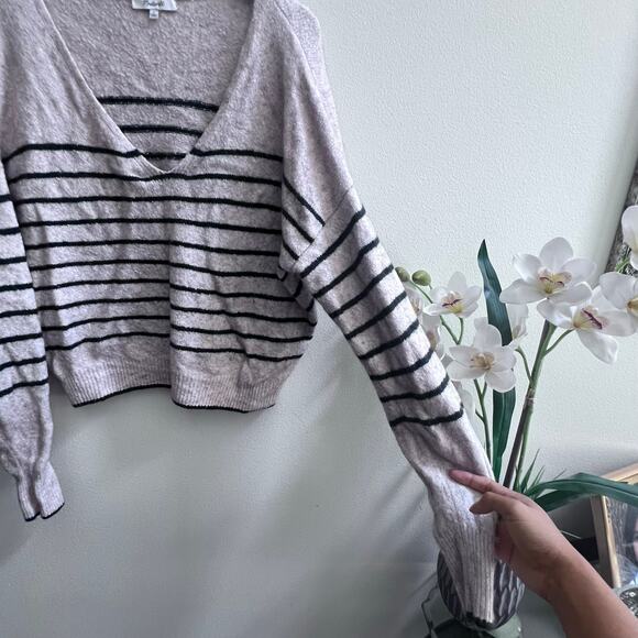 Madewell Merino Wool Blend V-Neck Cream Pullover Sweater Chic Green Striped Lg - Picture 4 of 7